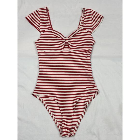 Altar'd State Tops - Altar'd State Red White Striped Flutter Sleeve Bodysuit Sweetheart Knot M Retro